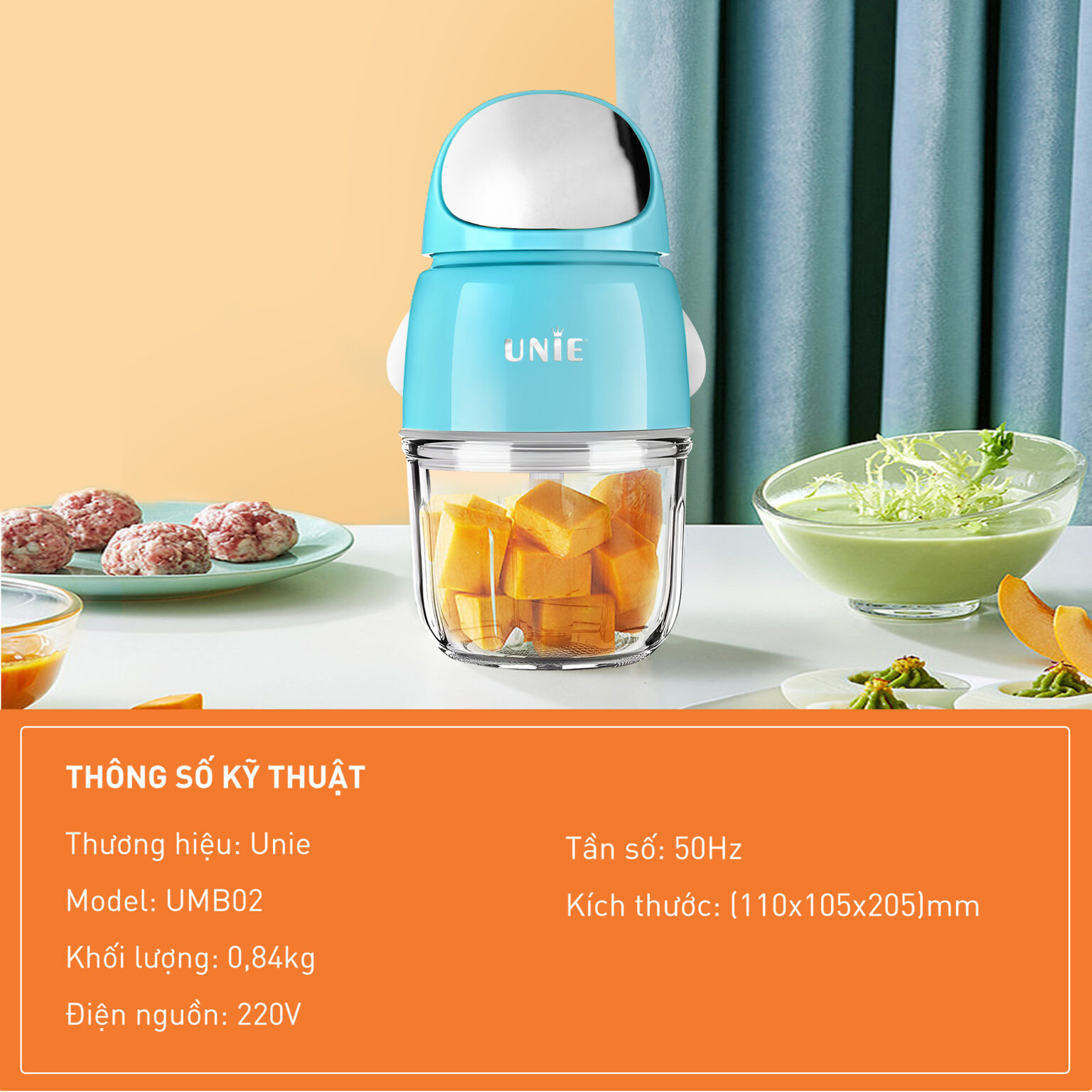 Máy xay mini UMB02 nhỏ gọn, cối thủy tinh kháng khuẩn, lưỡi dao 3 tầng ...