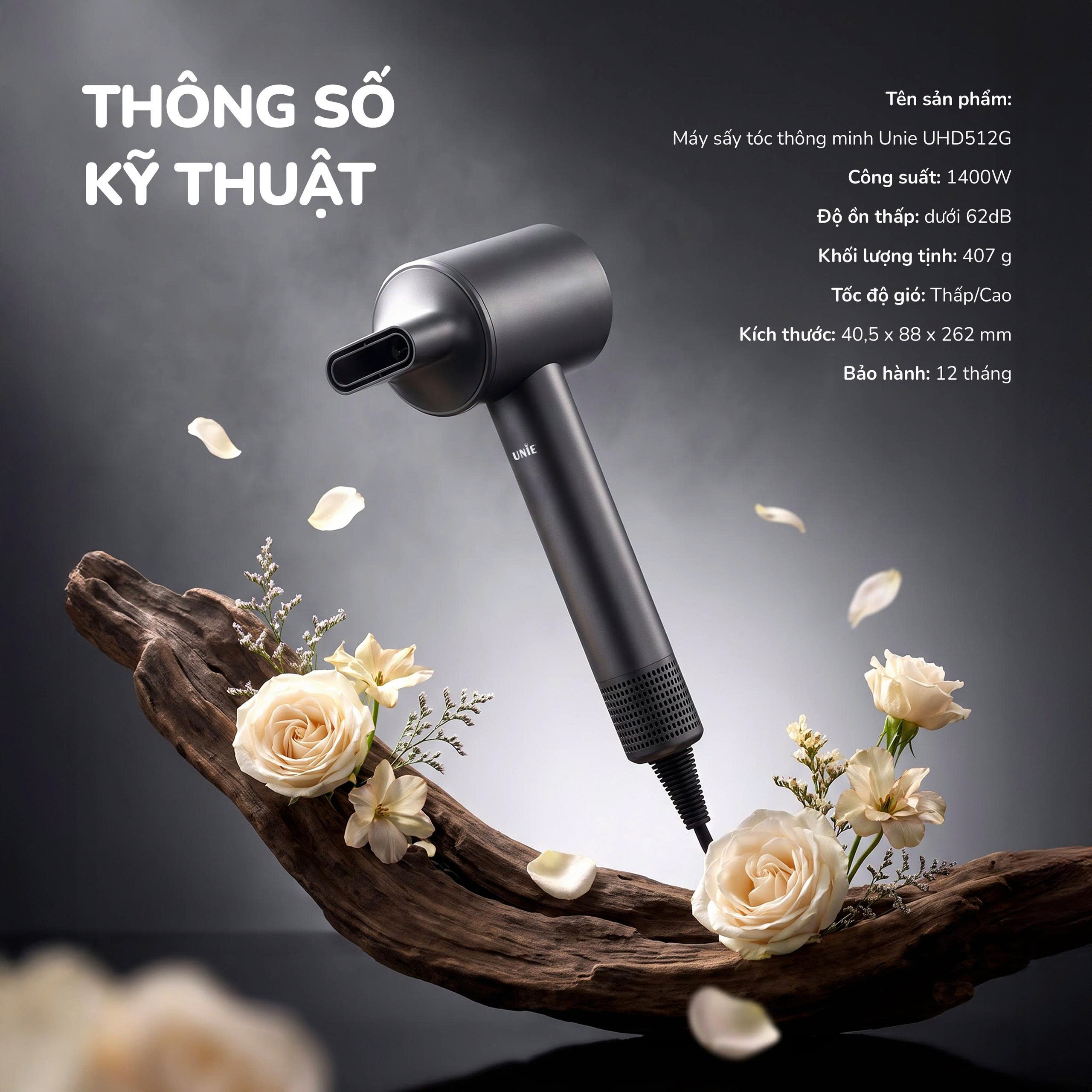 Máy sấy tóc thông minh Unie UHD512G - Sấy siêu nhanh, tóc mềm mượt với động cơ BLDC 110.000 vòng/phút - Ảnh 12