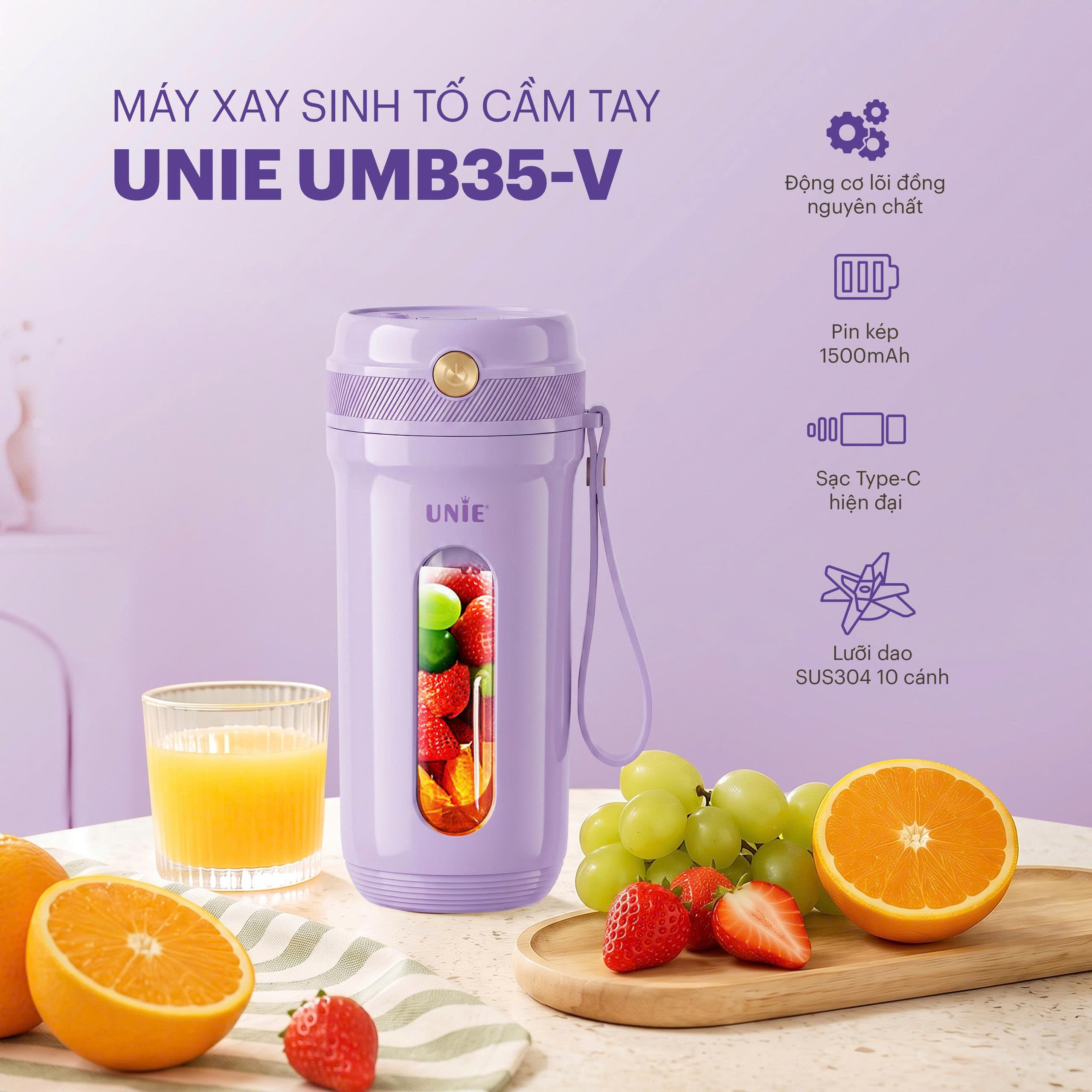 Máy xay sinh tố cầm tay UNIE UMB35-V xay nhanh nhuyễn mịn - Ảnh 3