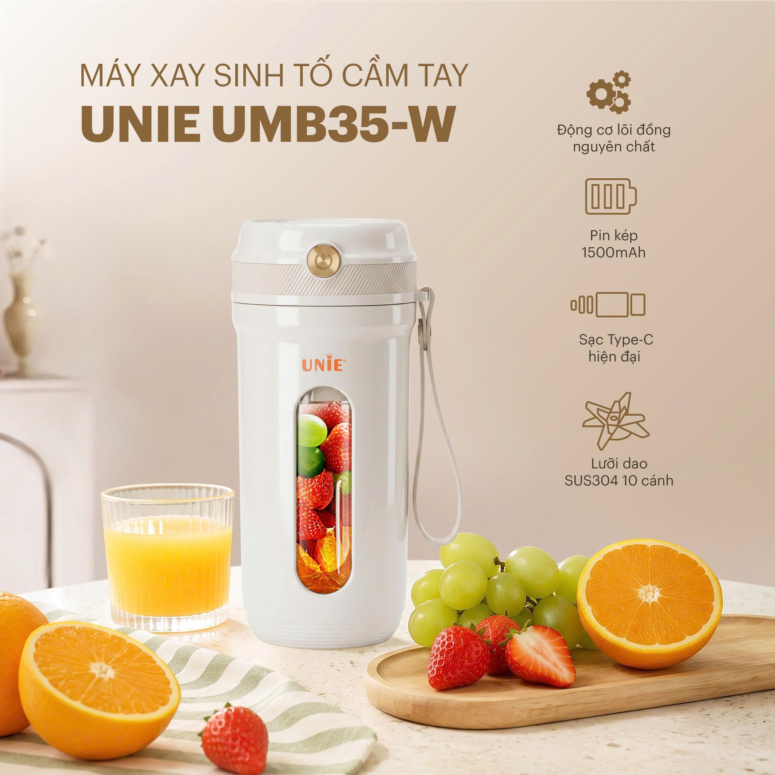 Máy xay sinh tố cầm tay UNIE UMB35-W xay nhanh nhuyễn mịn - Ảnh 2