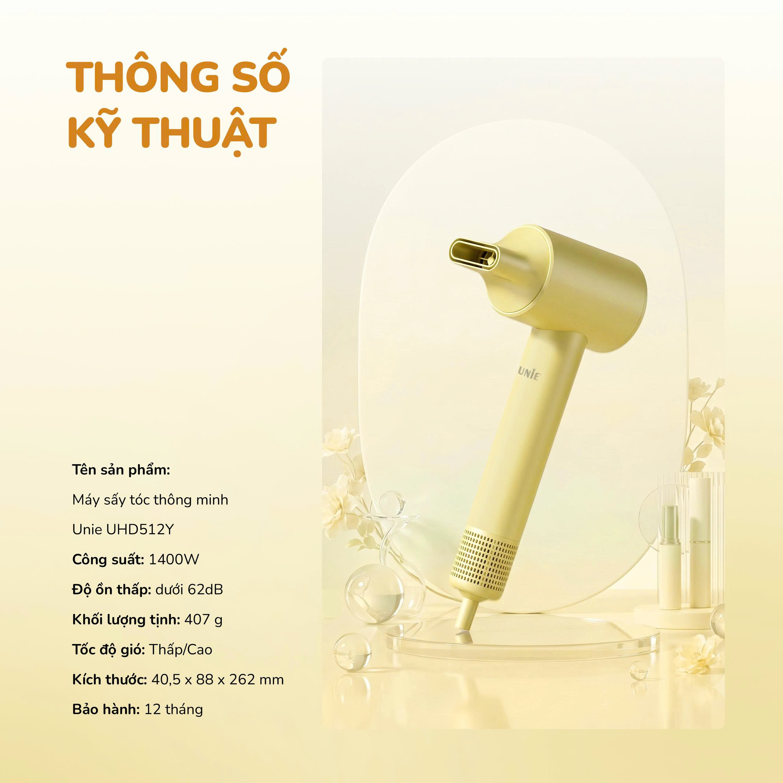 Máy sấy tóc thông minh Unie UHD512Y - Sấy siêu nhanh, tóc mềm mượt với động cơ BLDC 110.000 vòng/phút - Ảnh 12