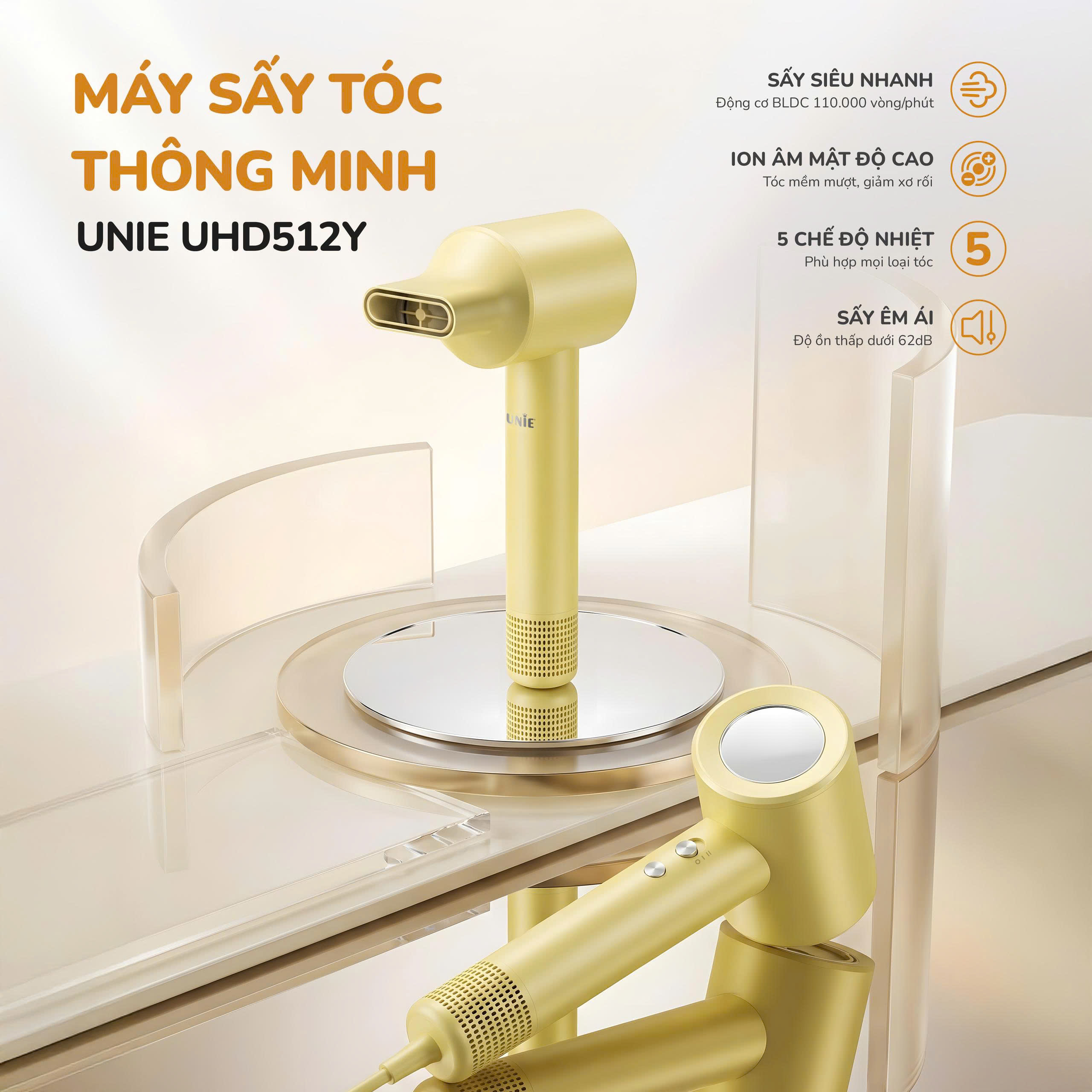 Máy sấy tóc thông minh Unie UHD512Y - Sấy siêu nhanh, tóc mềm mượt với động cơ BLDC 110.000 vòng/phút - Ảnh 2
